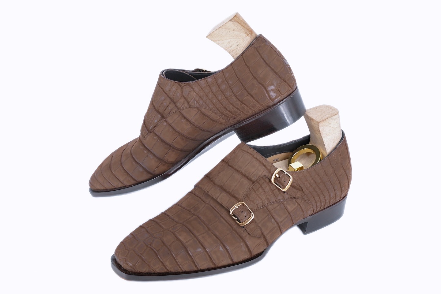 MTO Double monkstrap plain toe shoes - Nubuck Crocodile Leather
